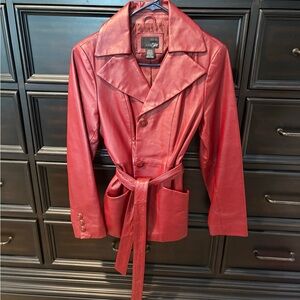 East 5th Women's Red Leather Belted Trench Coat